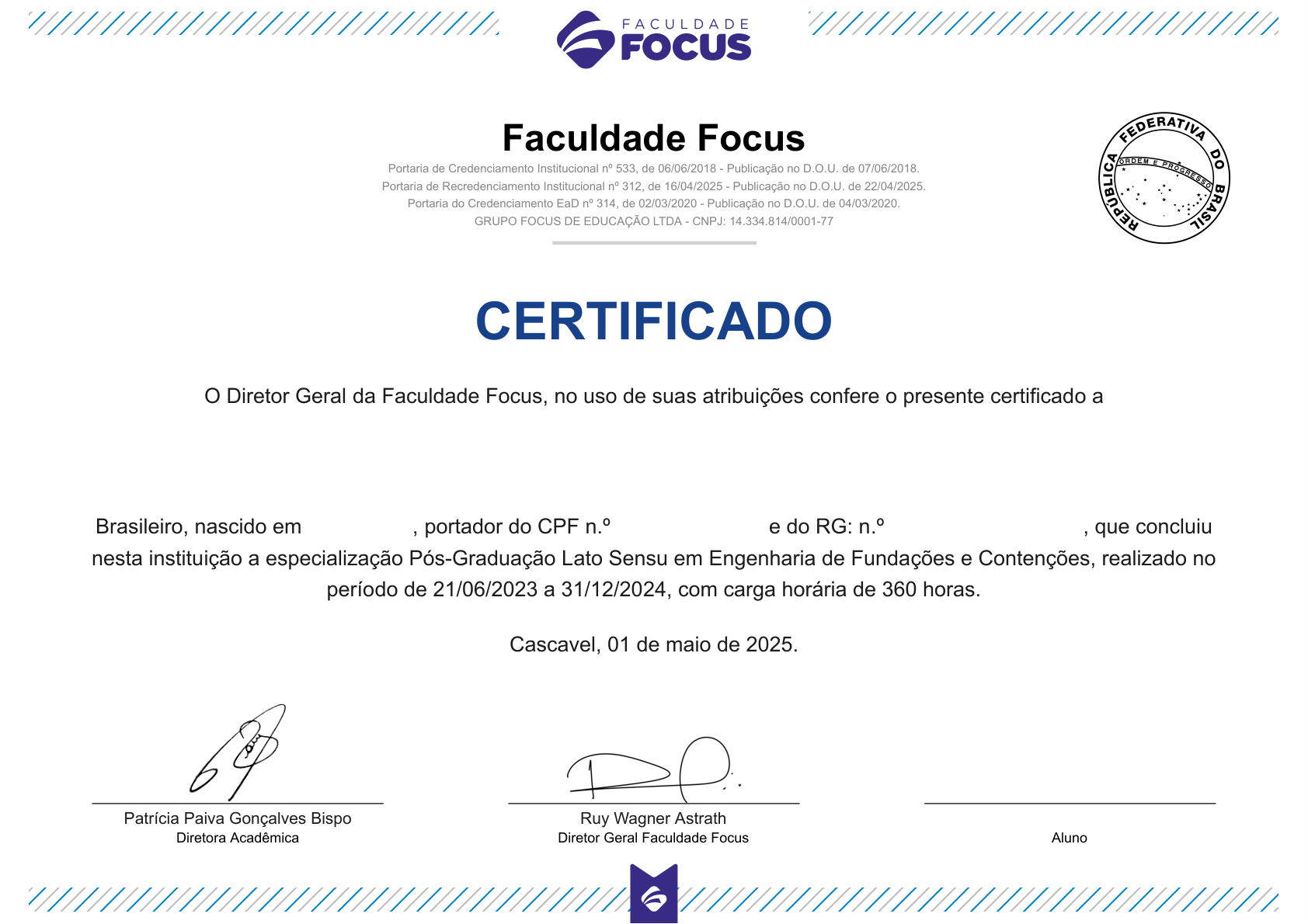 Modelo do certificado de Pós-Graduação Lato Sensu em Engenharia de Fundações e Contenções emitido pela Faculdade Focus — frente